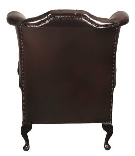 Vintage Queen Anne Antique Style English Burgundy Leather Wingback Armchair