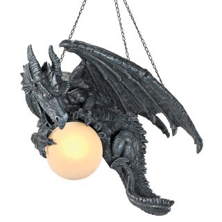 Sculpted Fierce Dragon Holding Glass ORB Dramatic Decor Hanging Chandelier Lamp