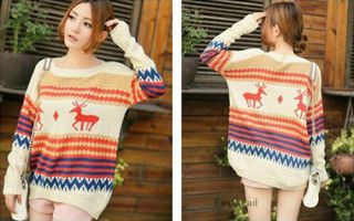 Christmas Deer Striped Knitted Casual Women Loose Pullover Sweater Outwear Tops