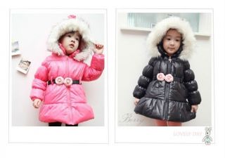 Saucy Girls Lamb Velvet Lining Faux Fur Hoodie Warm Coat Kids Snowsuit Rose Belt