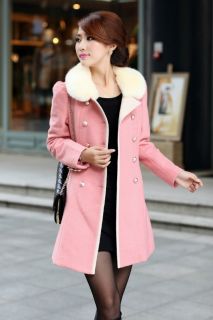 New Womens Korea Fashion Double Breasted Rabbit Fur Collar Wool Trench Coat B711