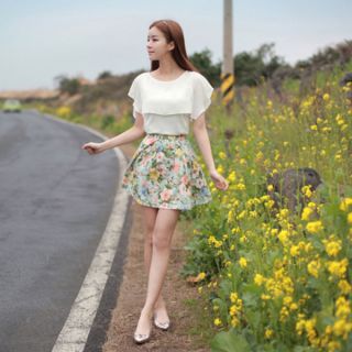Retro Lady Women Pleated Waist Sexy Chiffon Sweet Floral Skirt Shorts Mini Dress
