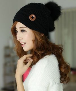 Warm Fashion Beret Ski Beanie Women Button Crochet Knit Ball Wool Hat Cap