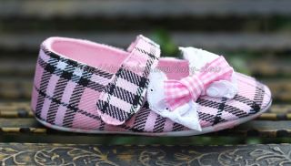 Newborn Reborn Baby Girl's Pink Plaid Soft Sole Crib Shoes Size 3 6 12 Months