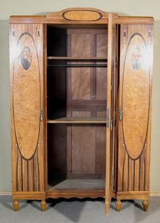 Antique Marquetry Oak Art Deco 3 Door Armoire Wardrobe Closet w Mirror G75C