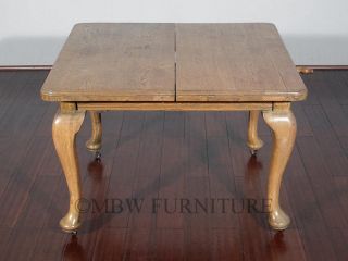 Antique English 5ft Solid Oak Queen Anne Dining Table w Leaf Crank c1950 P06A