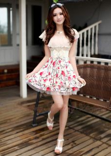 Sweet Casual Womens Girl Korean Floral Chiffon Tunic Mini Dress with Belt Summer