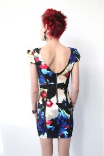Floral Scupture Shoulders Low Back Backless Black Line Bodycon Dress 6 8 10 12