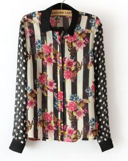 S M L Spring Dot Vintage Floral Print Chiffon Top Blouse Shirts Women Blouse Top
