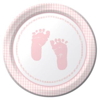Pink Baby Girl Footprints Plaid Dinner Plates Baby Shower Party Supplies