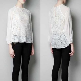 New Womens Fashion Round Neck Lace Chiffon Flower Long Sleeve Shirt White B970