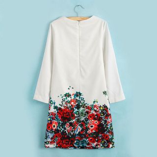 Vintage Womens White Round Neck Long Sleeve Floral Pattern Slim Dress Sz M WLM10
