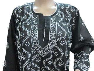 Bohemian Fashion Fine Embroidered Long Kurtis Cotton Kurta Black Tunic Tops XL