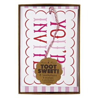 TOOT Sweet Pink White Stripe Girls Birthday Party Pack 8 Invitations