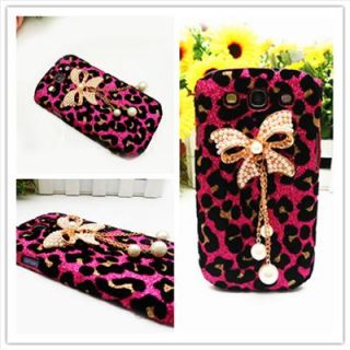 OC138 Deluxe Rose Red Leopard Case Pearls Bow Cover for Samsung Galaxy i9300 S3