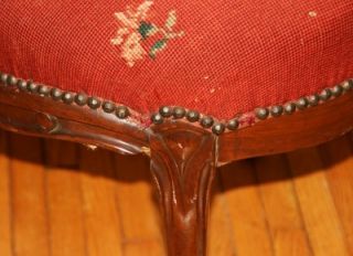 Antique Victorian Parlor Chair Wood Red Needle Point Ornate Wooden Revival Carve