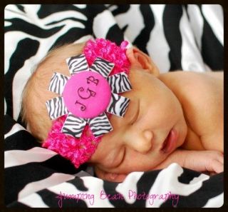 Personalized Monogram Custom Pink Zebra Baby Girl's Hair Bow Crochet Headband