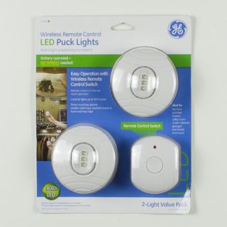 GE White Battery Operated LED Puck Light with RF Remote Control 2 Pack 17494