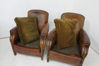 Stunning Pair Antique French Chestnut Leather Club Arm Chairs