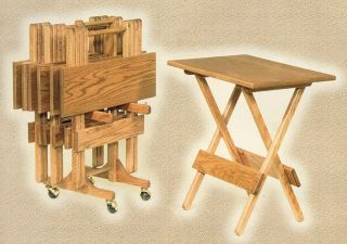 Amish Handcrafted TV Television Tables Folding Tray Solid Oak Wood Set of 2 New