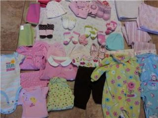 Baby Girl Newborn Clothes Lot w Blankets Socks Hats 46 Pieces All Seasons