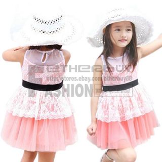 Girls Kids Blue Pink Lace Sleeveless Casual Top Dress 2 7 Years Costume Clothes