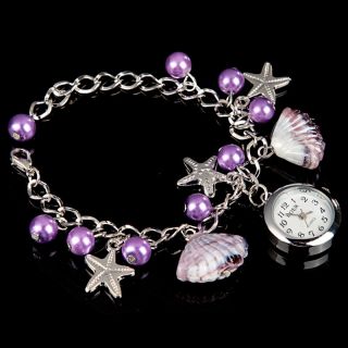 Lady Women Jewelry Bead Shell Chain Bracelet Cuff Quartz Wrist Watch Gift Purple
