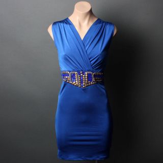 Royal Blue Stretch Fitted V Neck Elegant Sleeveless Cocktail Party Dress Size M
