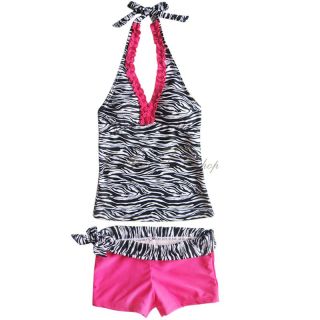 Girls Kid Sz 8 Zebra Two Piece Halter Tankini Swimsuit Swimwear Bathing Suit