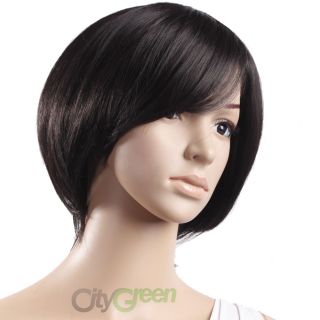 Womens Girls Turnup Side Bang Wig Short Straight Hair Full Wigs Hairpiece Black