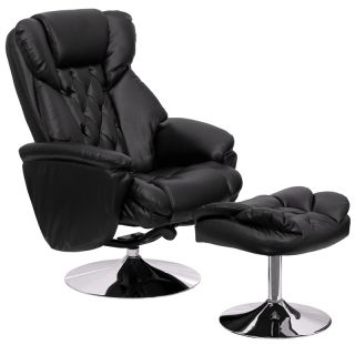 New Black Leather Overstuffed Recliner Chair with Chrome Bases Arms and Ottoman