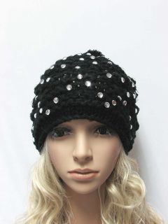 Hippie Winter Beanie Hat for Women Embellished w Bling Bling Crystals Black