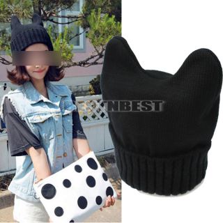 Korea Women Lovely Knit Crochet Cat Ear Ox Horn Beanie Winter Warm Hat Cap Black