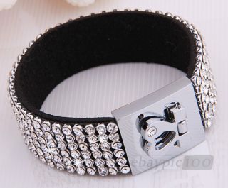 Black Leather Crystal 6 Row Rhinestone Metal Bracelet Cuff Wristband 0 7"