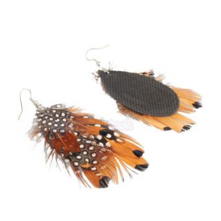 Charming White Dots Brown Feathers Dangle Earrings