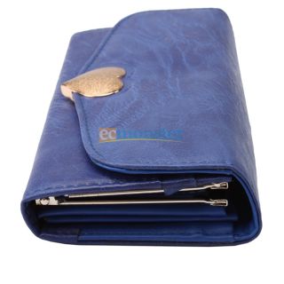 Elegant Heart Design Women Long Purse Clutch Wallet Imitation Leather Bag Blue