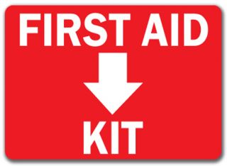 First Aid Kit with Down Arrow Sign 10" x 14" OSHA Safety Sign