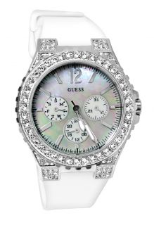 Guess U12653L1 Feminine Mother of Pearl Day Glitz White Silicone Women Watch New