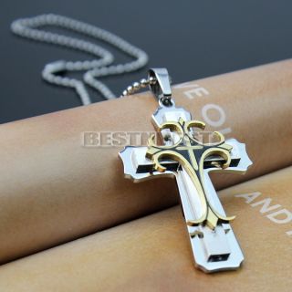 Cool Men's Silver Gold Black Steel Cross Chain Pendant Stainless Necklace