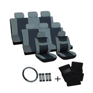 25pc Complete Set Gray Black Auto SUV Seat Covers Wheel Belt Pads Floor Mats