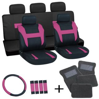 20pc Set Pink Black Car Seat Cover Wheel Belt Pad Head Rest Gray Floor Mats