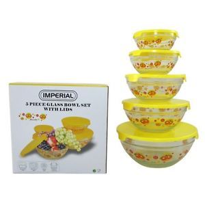5 PC Glass Food Storage Containers Mixing Bowl Set Orange Design Yellow Lids
