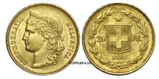 1893 B Swiss 20 Franc Helvetica AU Gold Coin Switzerland Almost Uncirculated