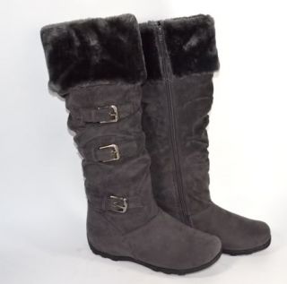 Womens Warm Winter Boots Faux Suede Buckles Slouch Flat Boot Gray Black