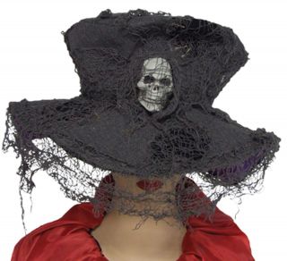 Unisex Creepy Grey Skull Costume Hat with Gauze Halloween Witch Zombie Pirate