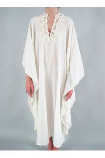 Vtg 60s Ivory Gauze Crochet Bohemian Boho Hippie Maxi Cream White Caftan Dress