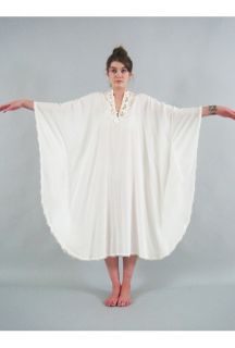Vtg 60s Ivory Gauze Crochet Bohemian Boho Hippie Maxi Cream White Caftan Dress