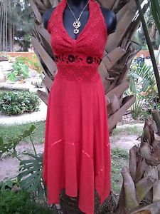Pre Owned Oaxacan Mexican Halter Dress Embroidered Red Gauze Small Medium