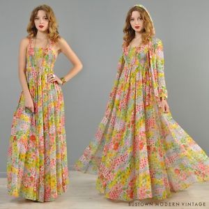 Vtg 70s Floral Gauze Hippy Boho Goddess Festival Sheer Hood Maxi Dress Jacket