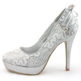 New Womens Silver Lace Glitter High Heels Platform Pumps Bow Evening Party Shoes